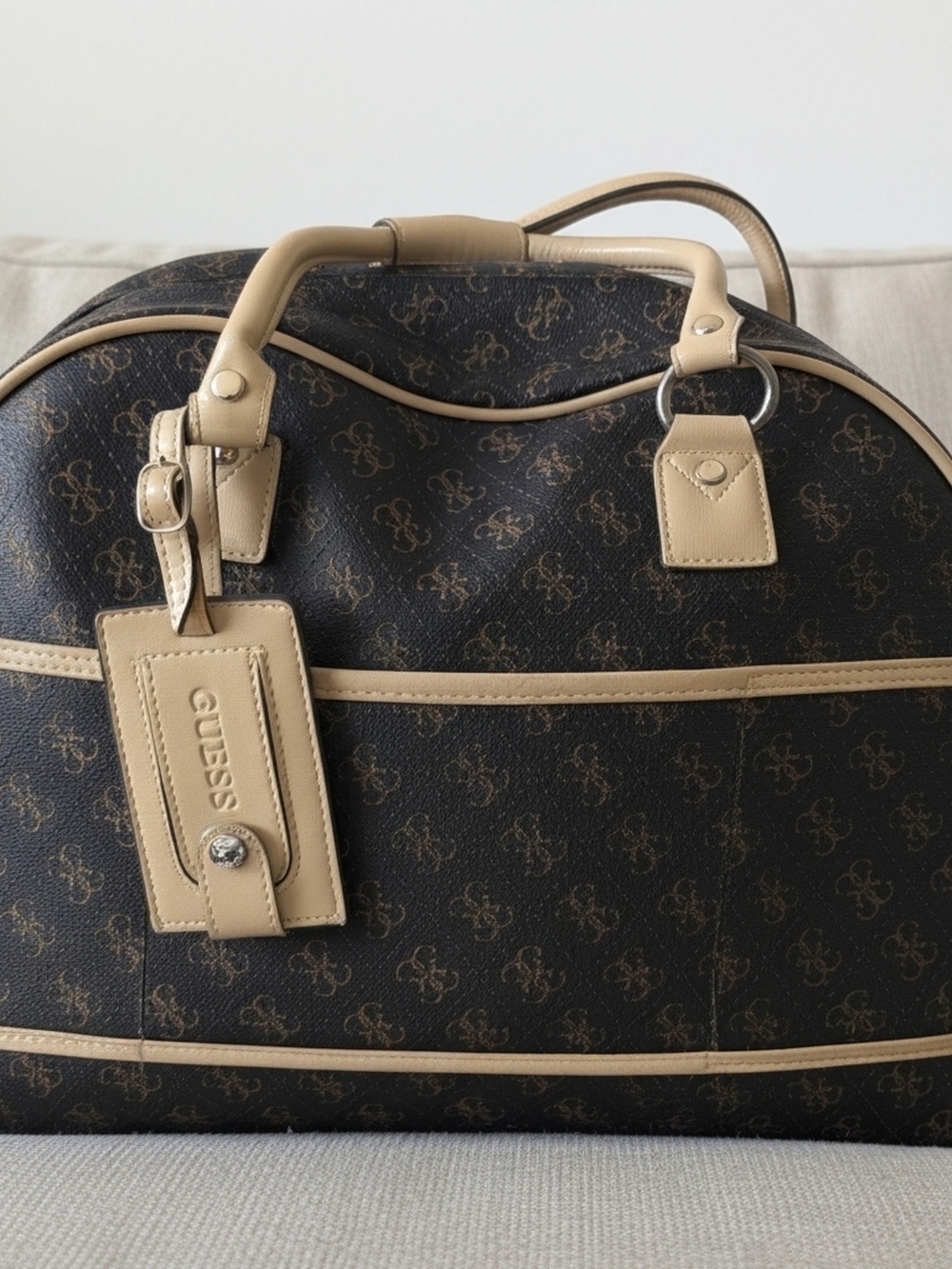 GUESS Brown & Beige Monogram Dome Satchel